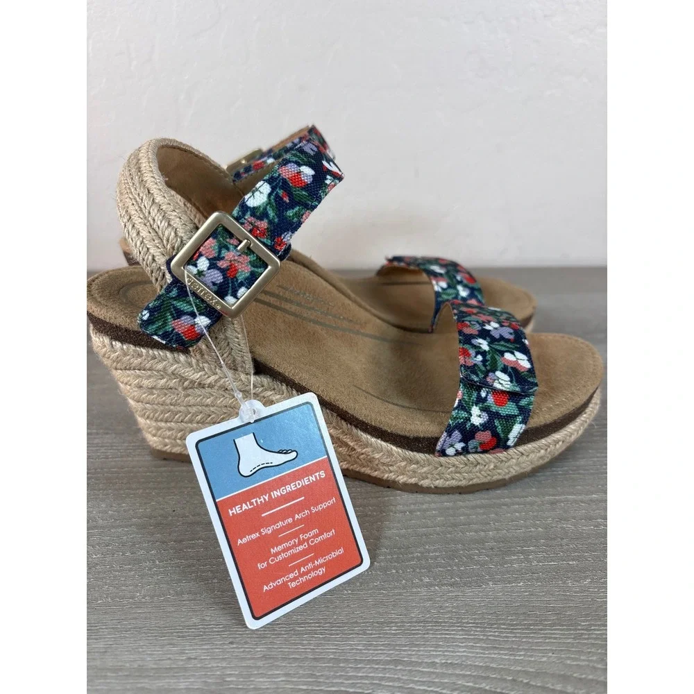 Aetrex Sydney Floral Espadrille Wedge Sandals Navy Blue‎ Orthotic Size 6-6.5 NEW